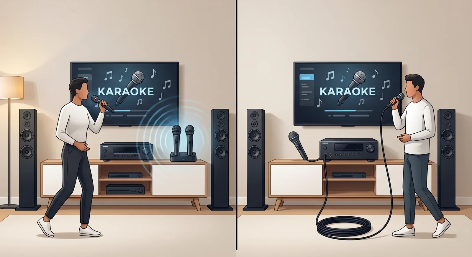 Visual comparison of wireless and wired karaoke microphones showing movement freedom, cable connection, charging, and backup use.