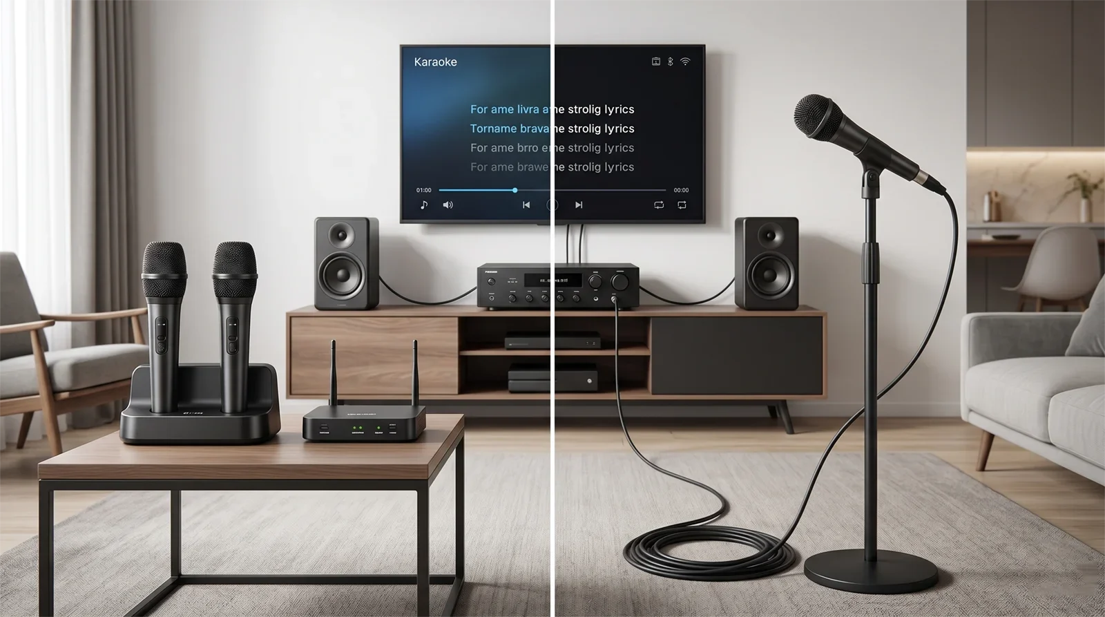 Wireless and wired karaoke microphones shown side by side in a modern home karaoke room.