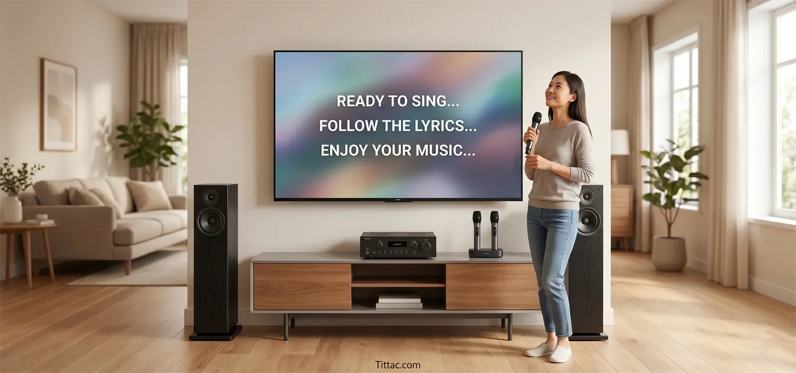 Setup karaoke YouTube tại nhà với TV thông minh, loa karaoke, mixer và micro không dây trong phòng khách hiện đại.