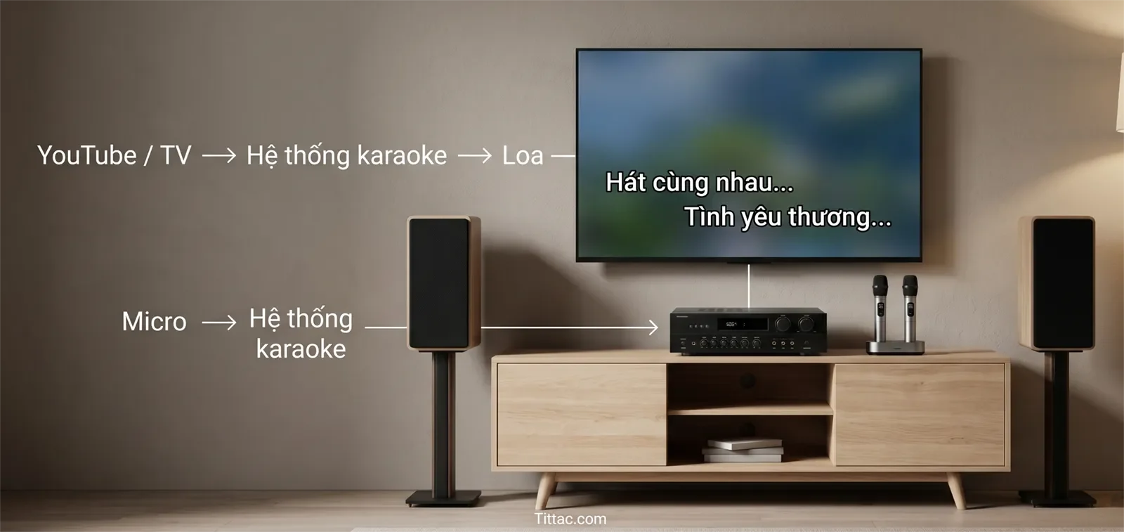 Sơ đồ kết nối YouTube karaoke cho thấy TV đưa nhạc vào hệ thống karaoke, micro nối vào hệ thống karaoke và âm thanh đi ra loa.
