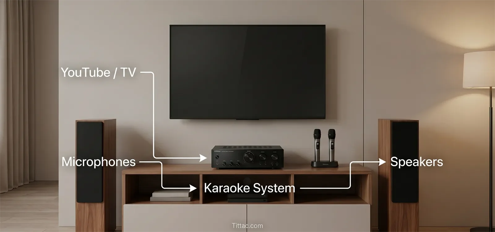 YouTube karaoke signal path showing TV audio routed to a karaoke system, microphones connected to the karaoke system, and sound going to speakers.