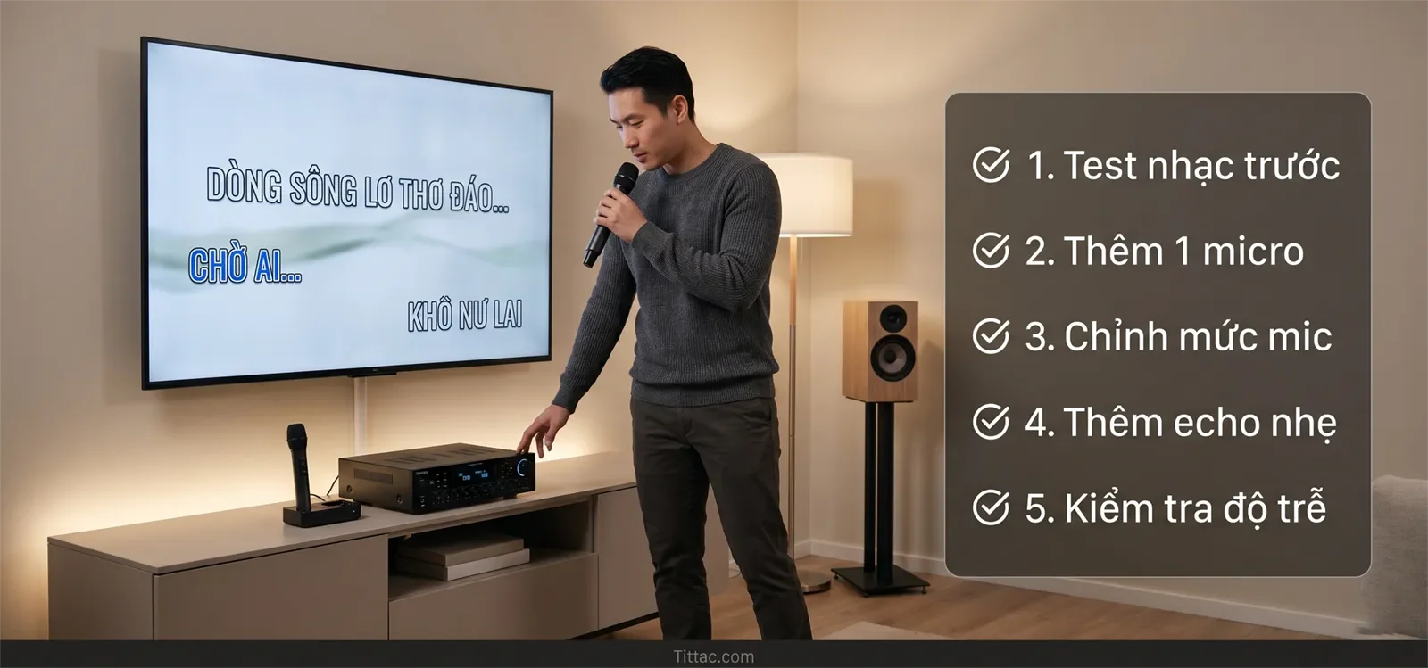 Checklist kiểm tra âm thanh YouTube karaoke gồm test nhạc, thêm micro, chỉnh mức mic, thêm echo nhẹ và kiểm tra độ trễ.