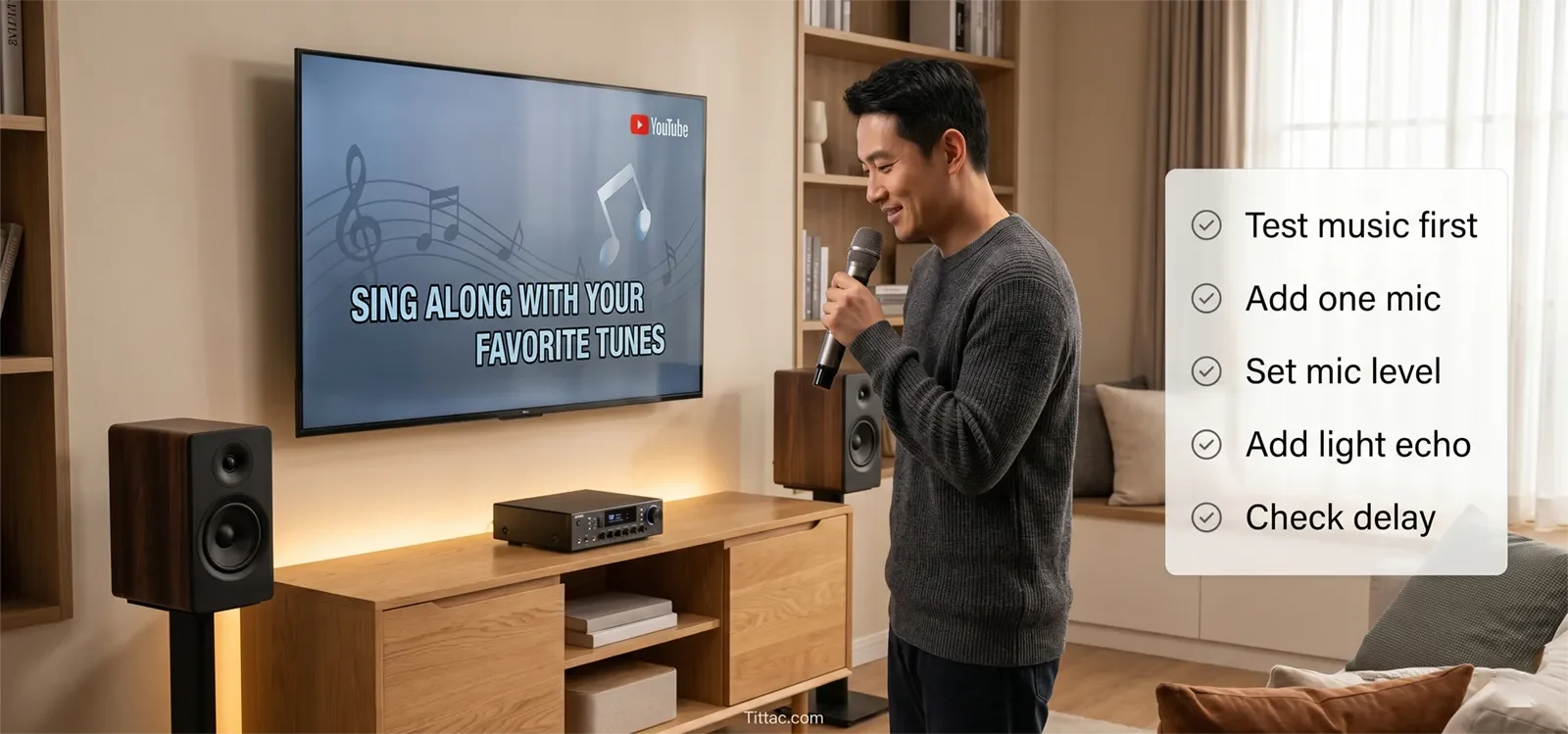 YouTube karaoke sound check checklist showing music test, microphone level, light echo, and delay check in a home setup.