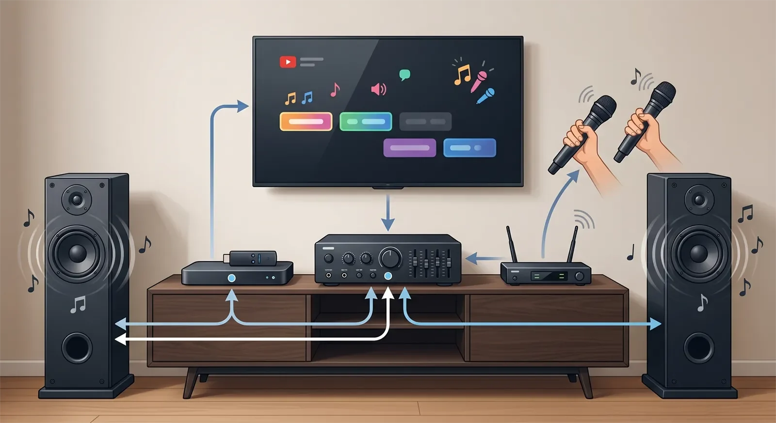 Sơ đồ minh họa đường âm thanh YouTube karaoke từ thiết bị streaming qua TV, mixer karaoke, loa và micro.