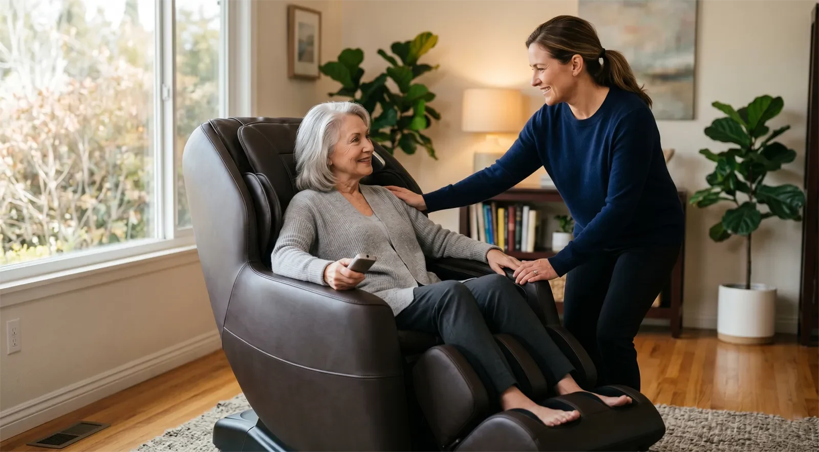 Older adult using a massage chair comfortably with family support nearby