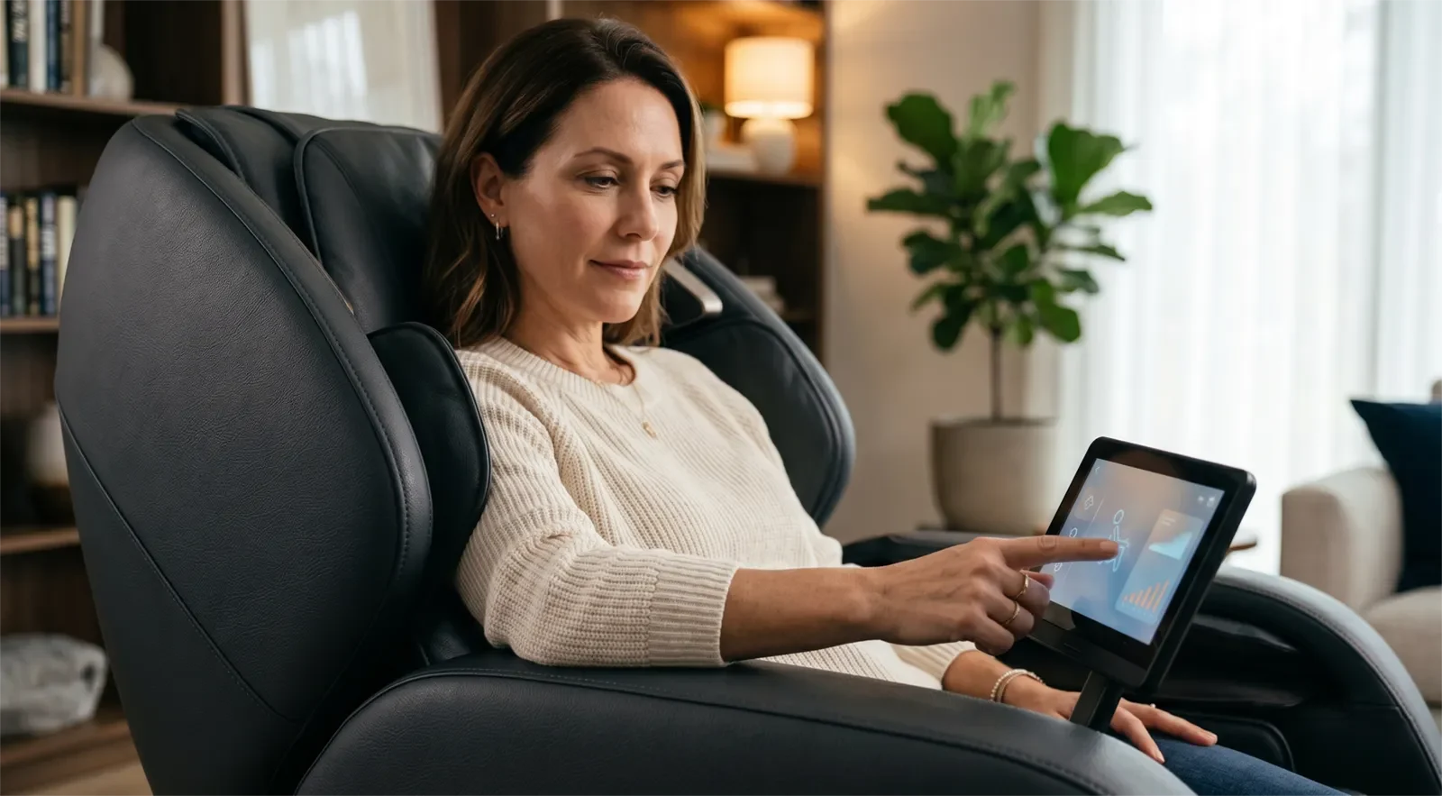 User adjusting massage chair intensity with a remote during a safe home massage session