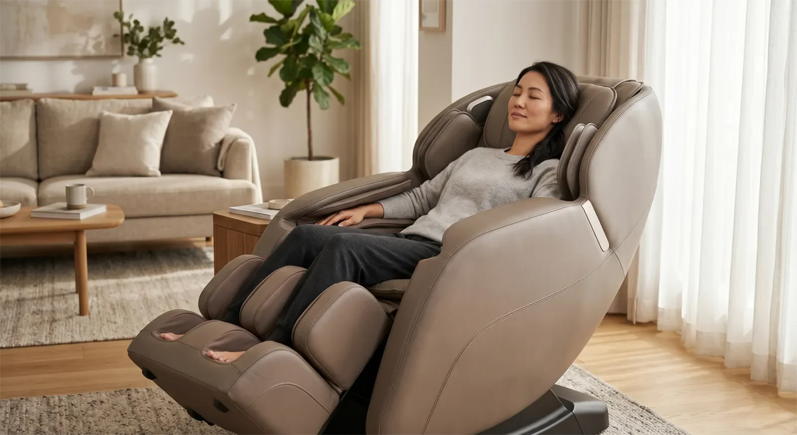 Asian adult using a luxury massage chair for a simple steady 2D-style massage feel and light daily relaxation
