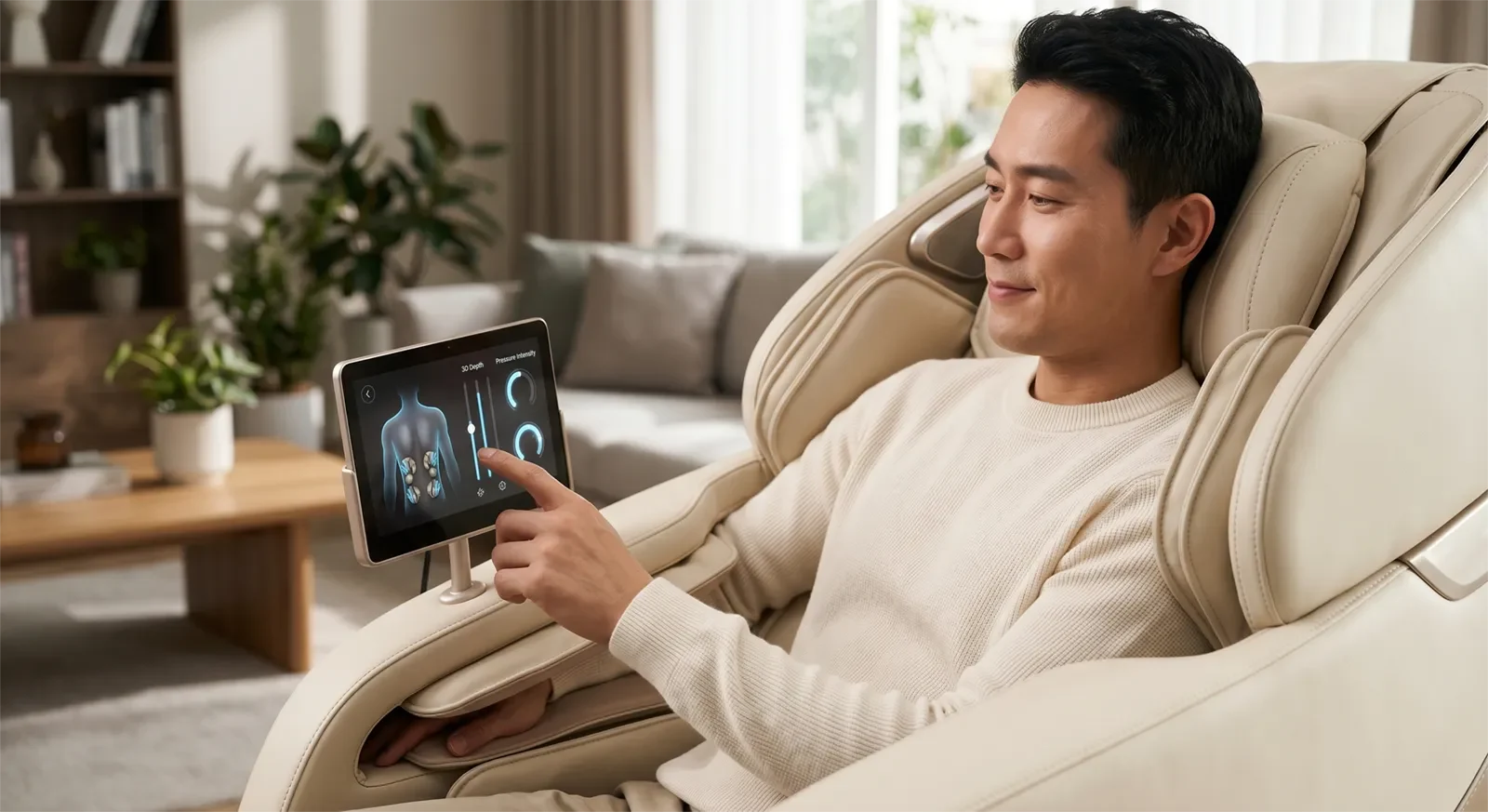 Asian adult adjusting depth and pressure controls on a luxury 3D massage chair for a deeper back massage feel