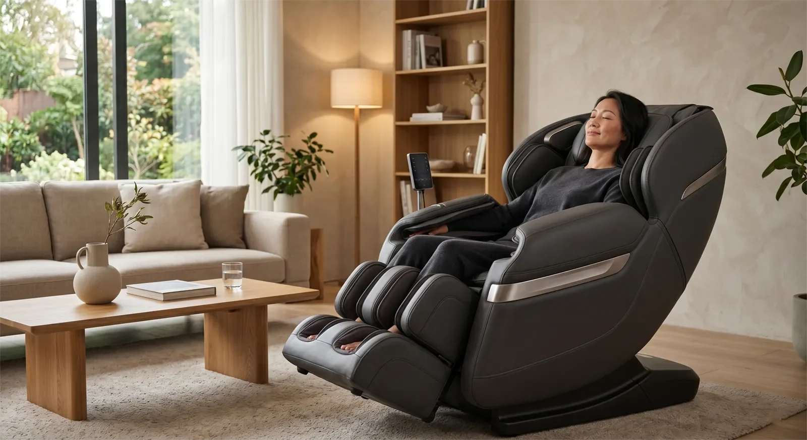 Asian adult relaxing in a luxury 4D massage chair with refined rhythm, timing, and a less mechanical massage feel