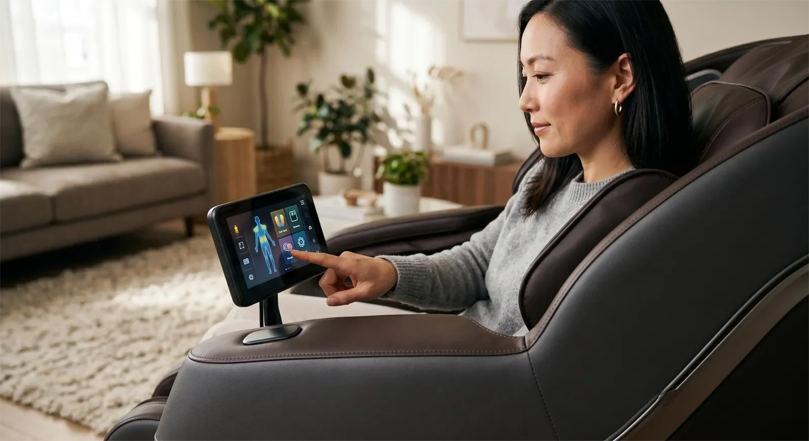 Asian adult using the control panel of a luxury AI massage chair to choose an automatic massage program