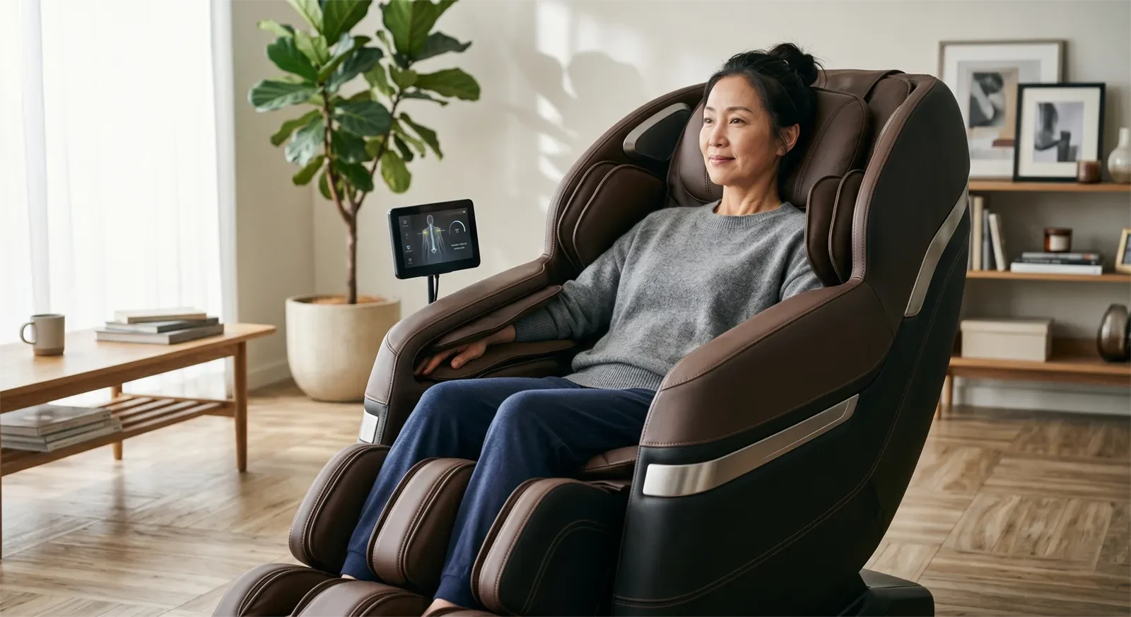 Asian adult seated in a luxury AI massage chair during body scan setup for shoulder detection and backline mapping