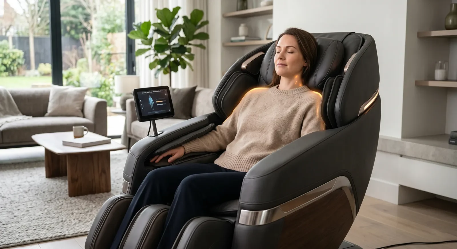Người dùng ngồi trên ghế massage AI cao cấp khi ghế quét cơ thể và xác định vị trí vai