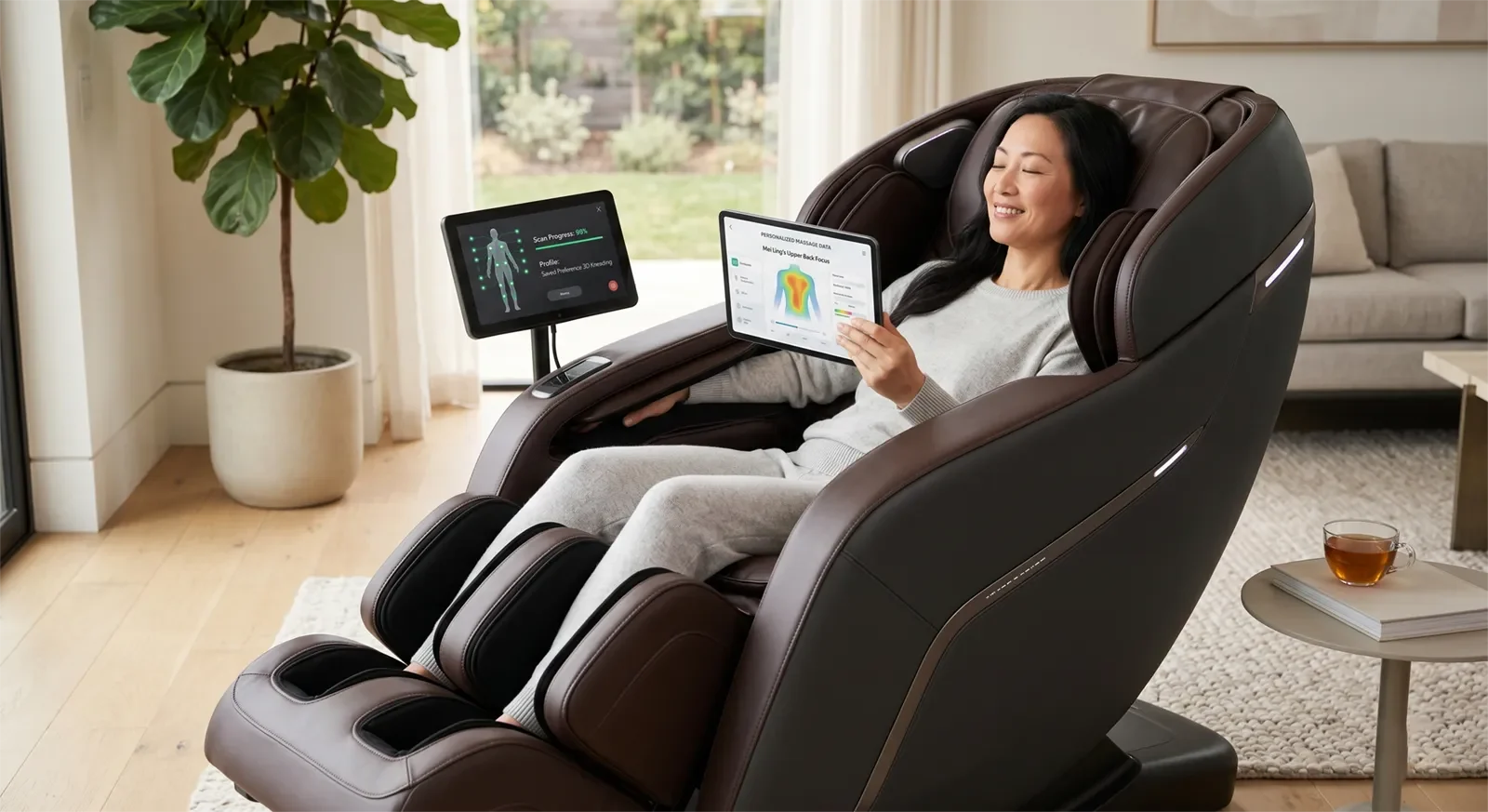 Asian adult relaxing in a luxury AI massage chair at home with smart personalization and saved comfort preferences