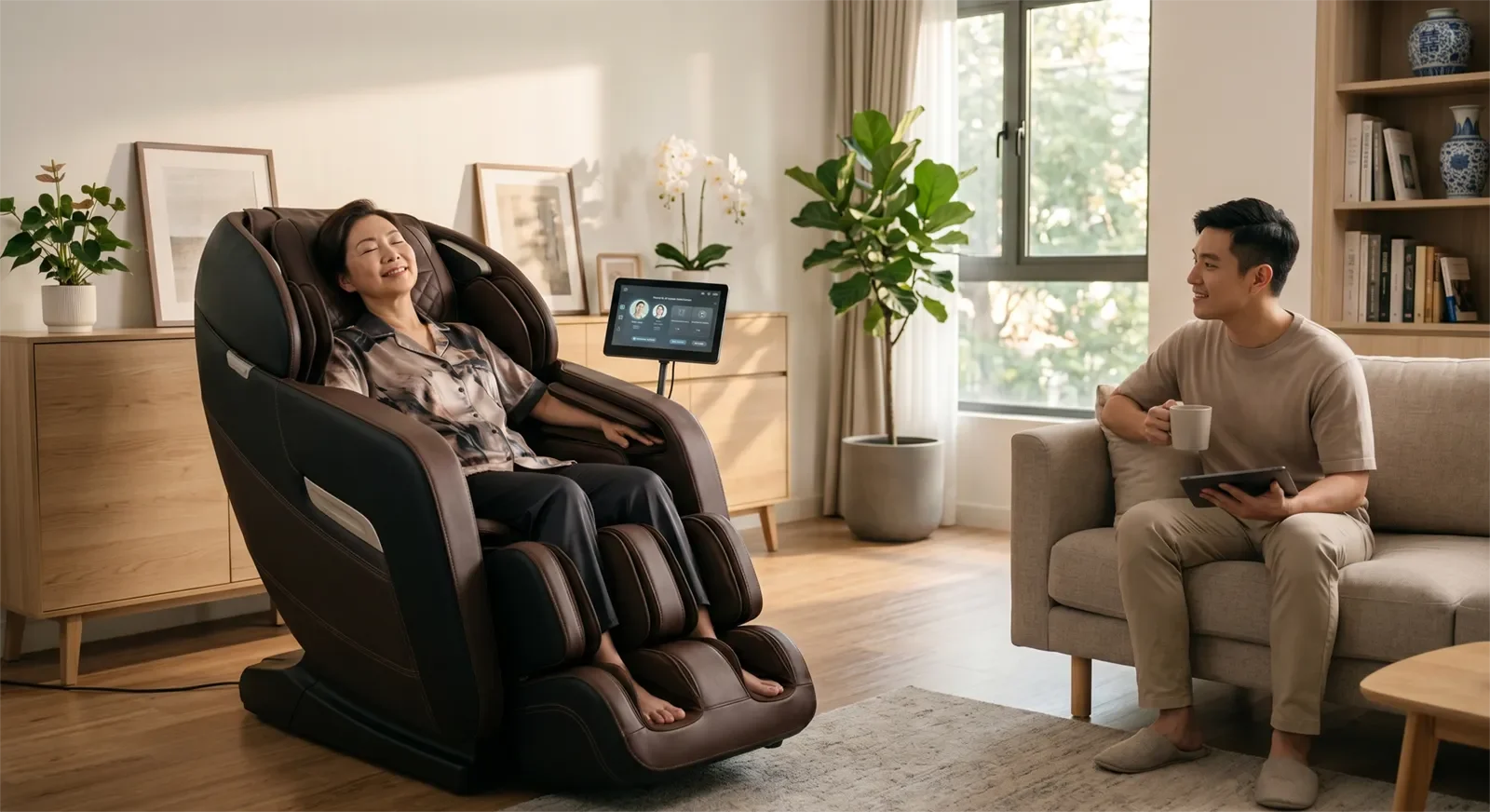 Asian family using a luxury AI massage chair at home with saved preferences for multiple users