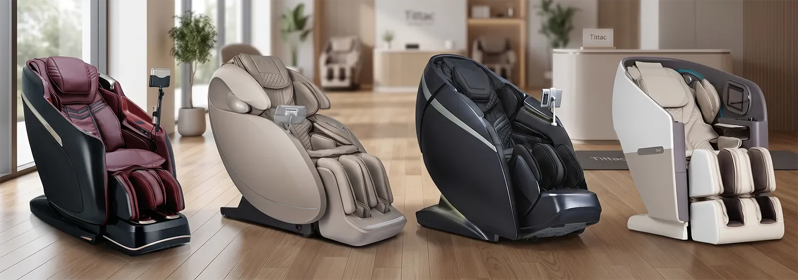 JPMedics Kaze Duo, Osaki Solis Duo, DuoMax, and Flagship Duo massage chairs shown side by side at Tittac for comparison