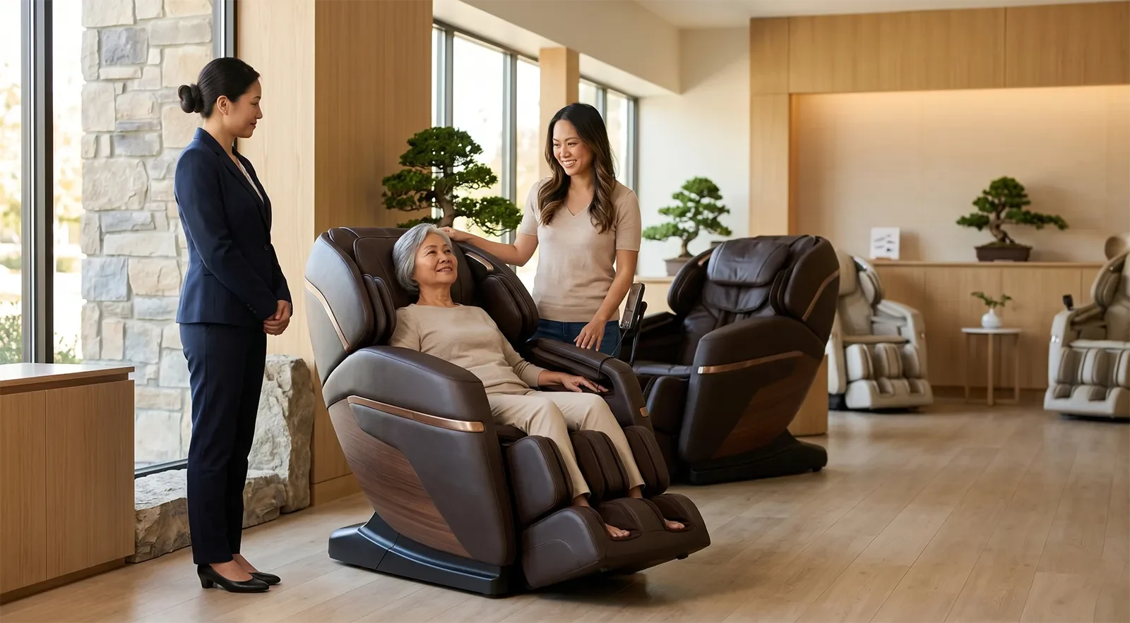 Vietnamese family testing a premium Japanese-style massage chair for parents in a showroom