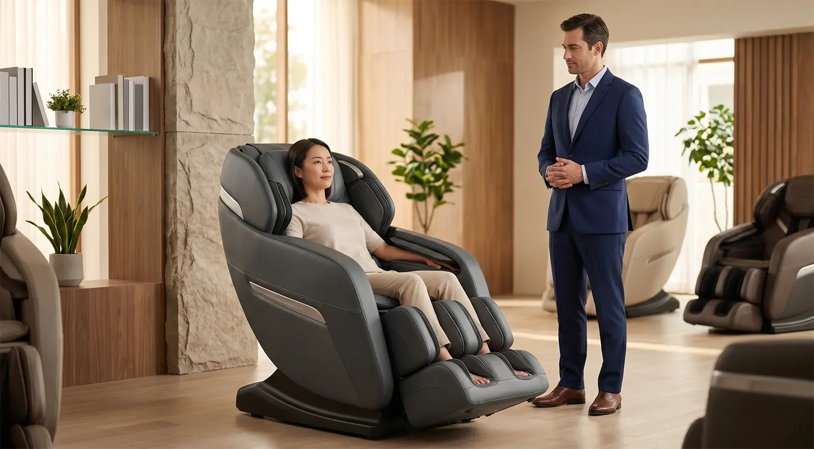 Người vóc dáng nhỏ thử ghế massage cao cấp trong showroom để kiểm tra độ vừa trước khi mua