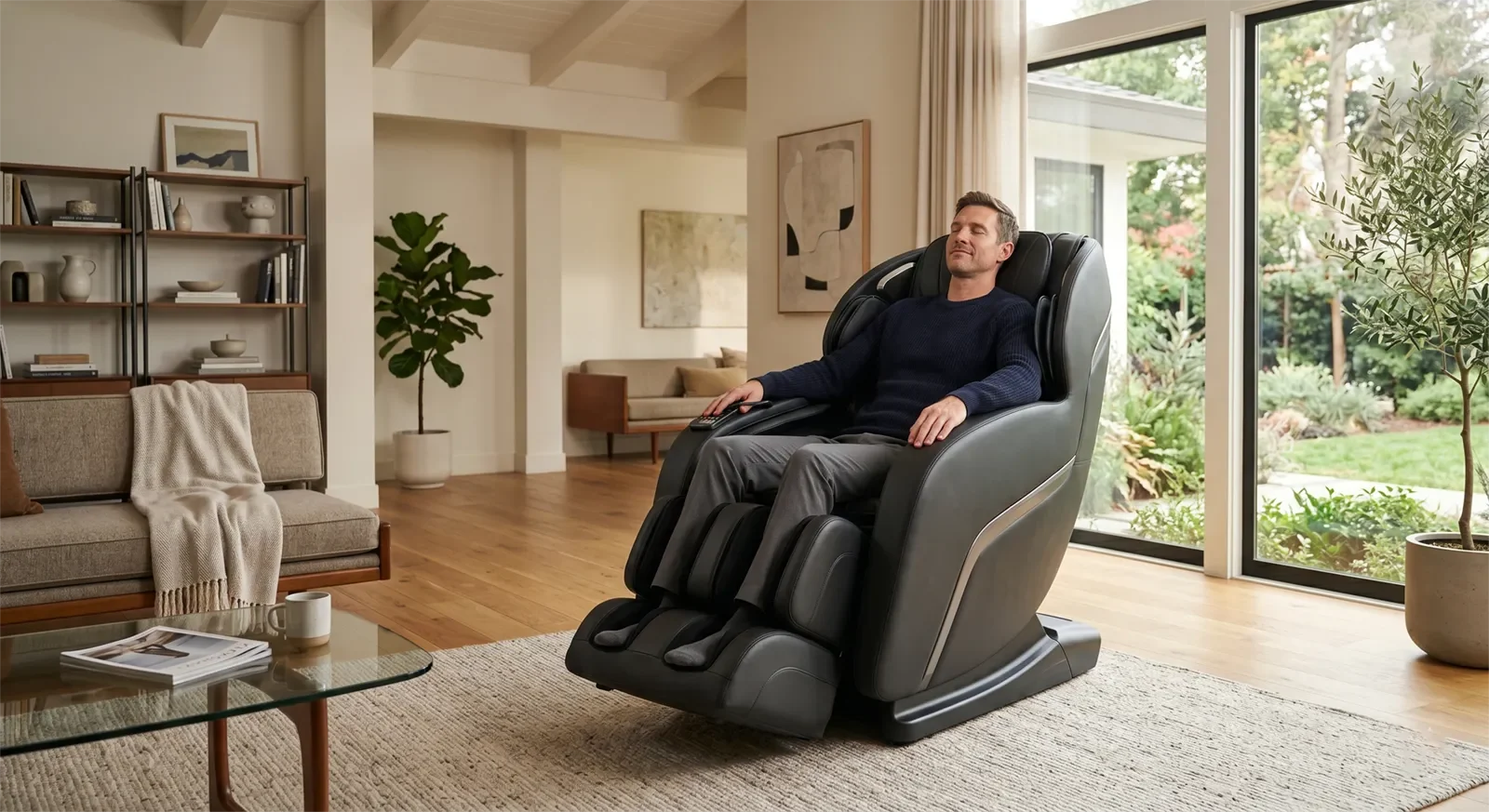 Tall person sitting comfortably in a massage chair with proper full-body fit
