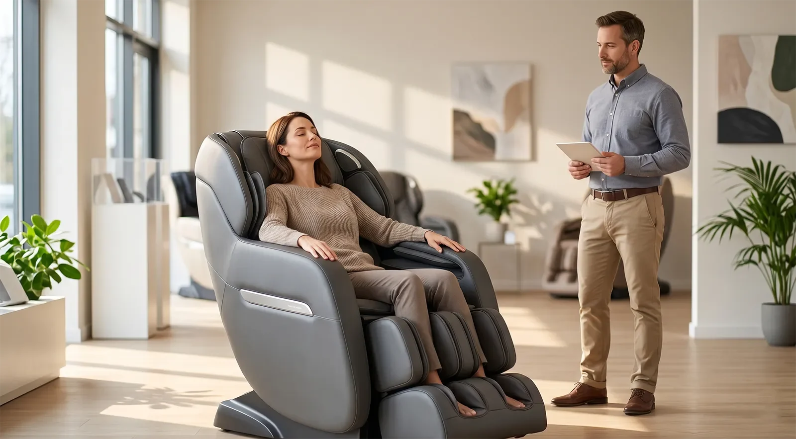 Khách hàng thử ghế massage tầm trung dưới $5,000 trong showroom trước khi mua