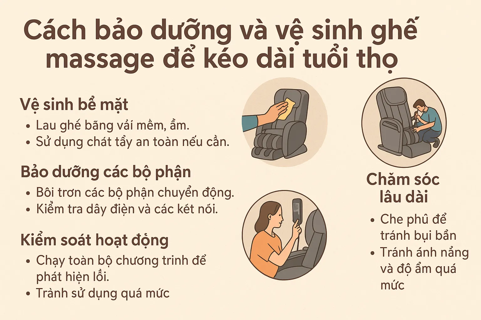 Infographic tiếng Việt với tiêu đề 'Cách Bảo Dưỡng và Vệ Sinh Ghế Massage Để Sử Dụng Lâu Dài', minh họa một chiếc ghế massage ở giữa cùng sáu biểu tượng tròn bao quanh thể hiện các bước bảo dưỡng: vệ sinh thường xuyên, kiểm tra đệm, hút bụi bên trong, kiểm tra kết nối điện, kiểm tra bộ điều khiển và bảo trì cơ học. Phông nền cam ấm, bố cục rõ ràng, dễ hiểu