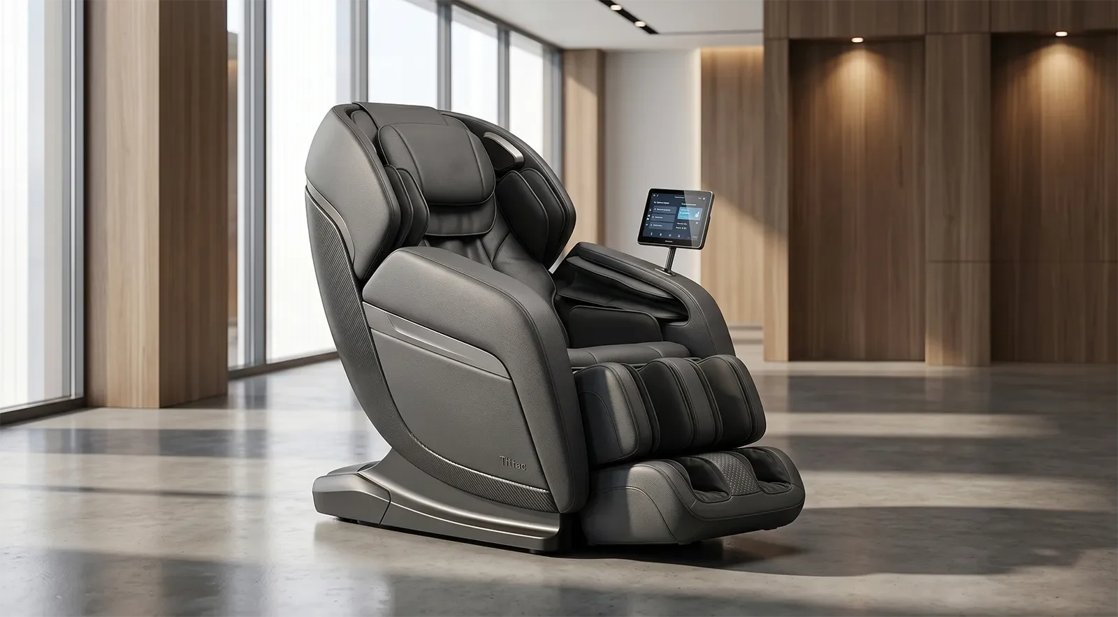Modern feature-rich Chinese-made massage chair in a premium showroom setting