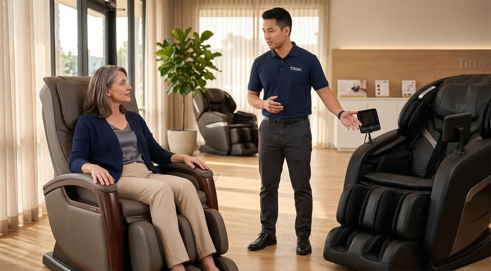 Customer comparing Japanese-style and Chinese-made massage chairs in a premium showroom