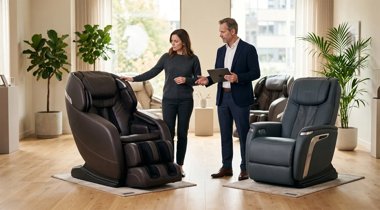 Buyer comparing premium massage chairs in a showroom while asking about Japanese origin and technology claims
