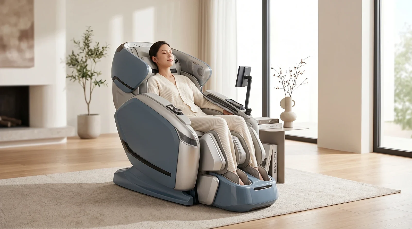 Người đang thư giãn trên ghế massage Cozzia Kozue trong phòng khách cao cấp