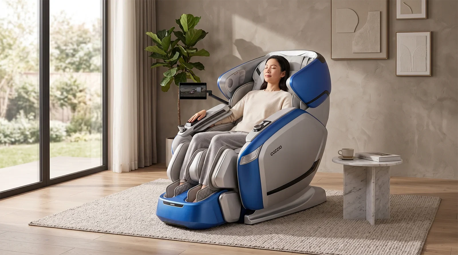 Người ngồi thư giãn trên ghế massage Cozzia Quantum trong phòng khách cao cấp
