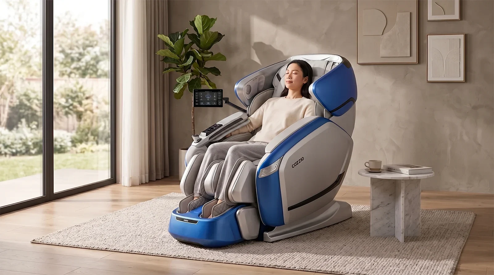 Person relaxing in the Cozzia Quantum massage chair in a premium living room