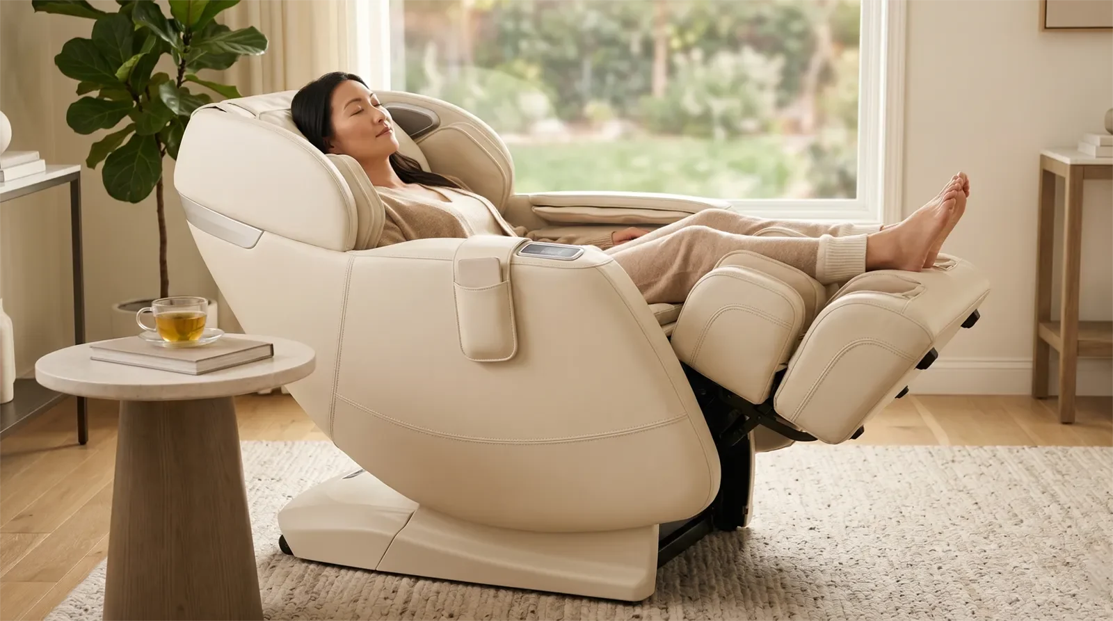 Người Á Châu thư giãn trên ghế massage zero gravity màu kem cao cấp tại nhà với chân nâng lên và cơ thể được nâng đỡ đều