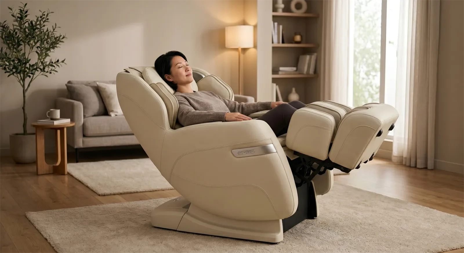 Ghế massage màu kem cao cấp ở tư thế zero gravity với lưng ngả, chân nâng lên và cơ thể được đỡ đều