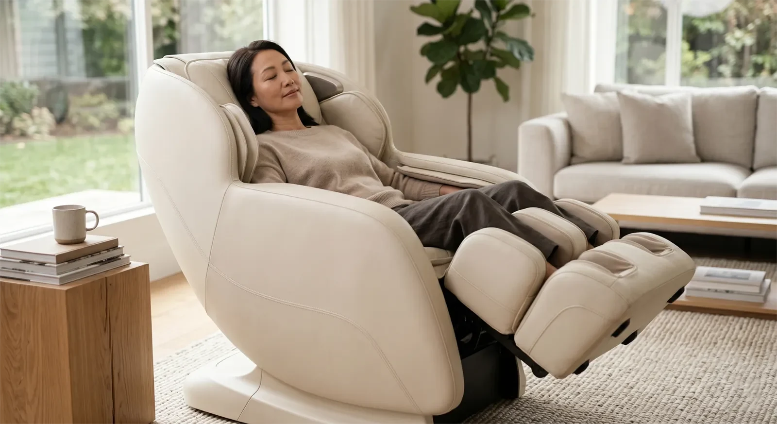 Người Á Châu thư giãn trên ghế massage zero gravity màu kem với lưng được đỡ, chân nâng cao và vai thả lỏng