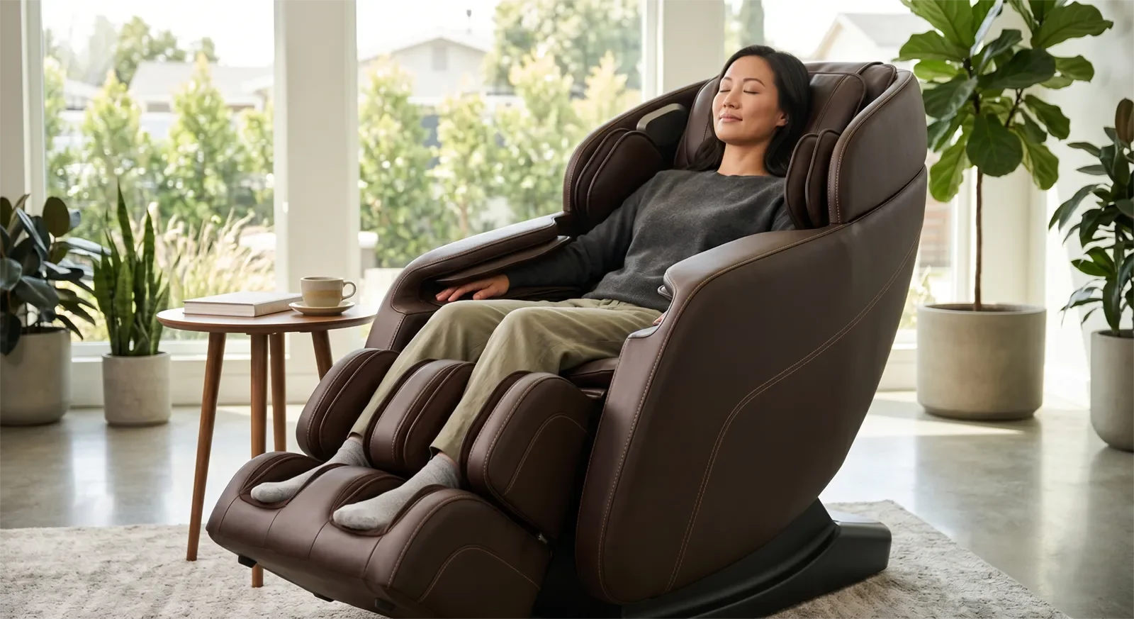 Asian adult seated in a luxury duo massage chair showing smoother upper-body and lower-body massage coverage