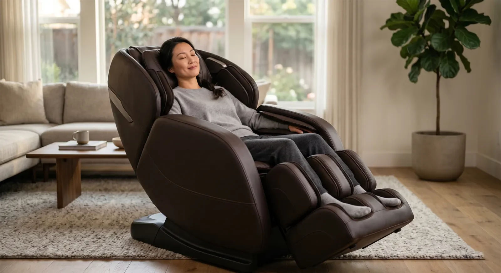 Asian adult relaxing in a luxury duo massage chair with a smooth premium full-body massage flow