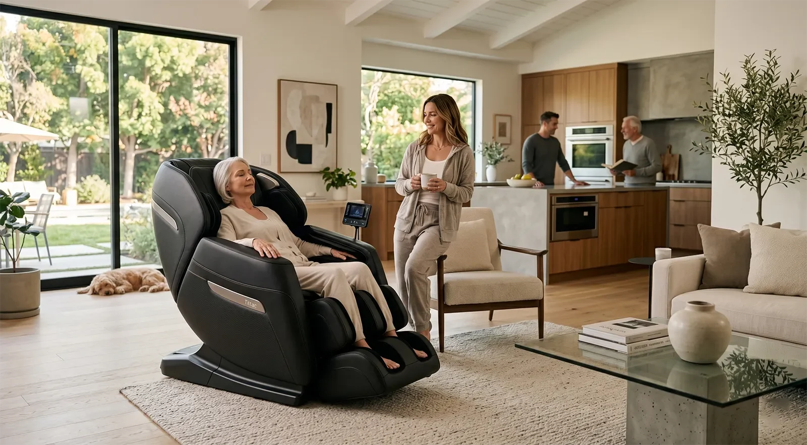 Family using a luxury massage chair in a premium home setting