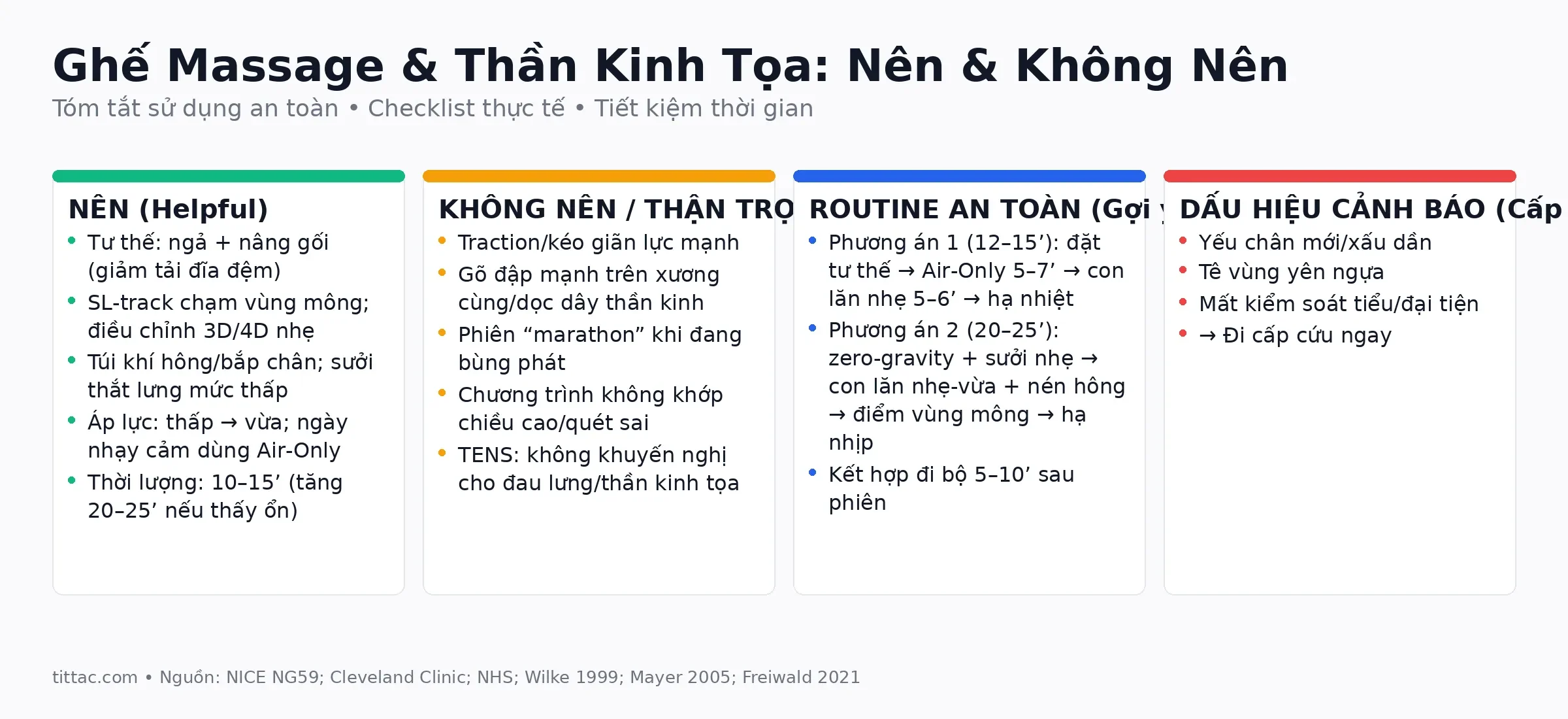 Infographic: Ghế massage & thần kinh tọa — Nên (ngả + nâng gối, SL‑track, túi khí, sưởi thắt lưng), Không nên (traction mạnh, gõ đập, phiên quá dài); kèm routine 12–15/20–25 phút và dấu hiệu cảnh báo.