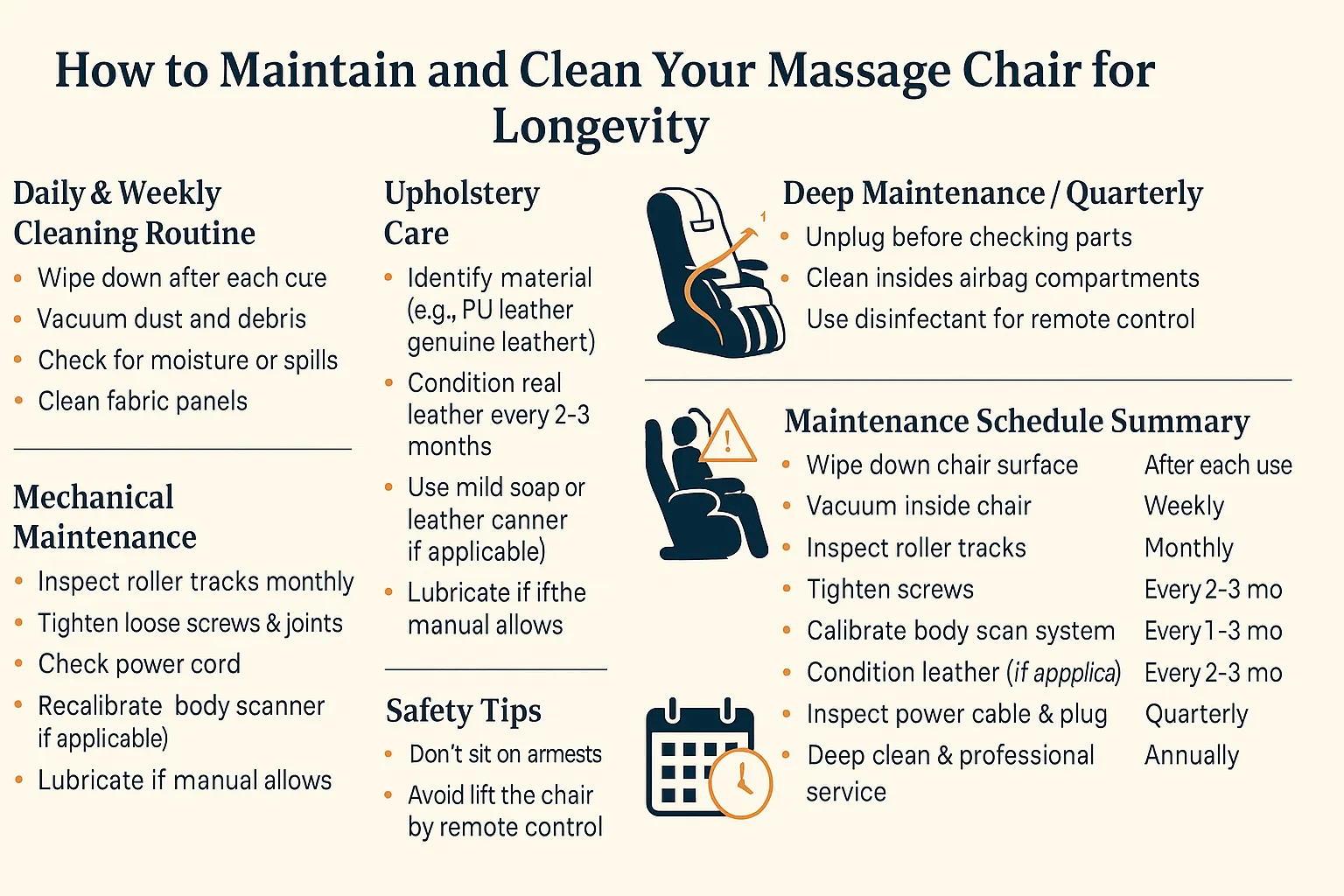 Vietnamese infographic titled 'How to Maintain and Clean Your Massage Chair for Longevity' featuring a massage chair in the center with six circular icons and care tips surrounding it. Icons illustrate steps such as regular cleaning, cushion inspection, vacuuming internal components, checking electrical connections, controller check, and mechanical maintenance, all set against a warm orange background
