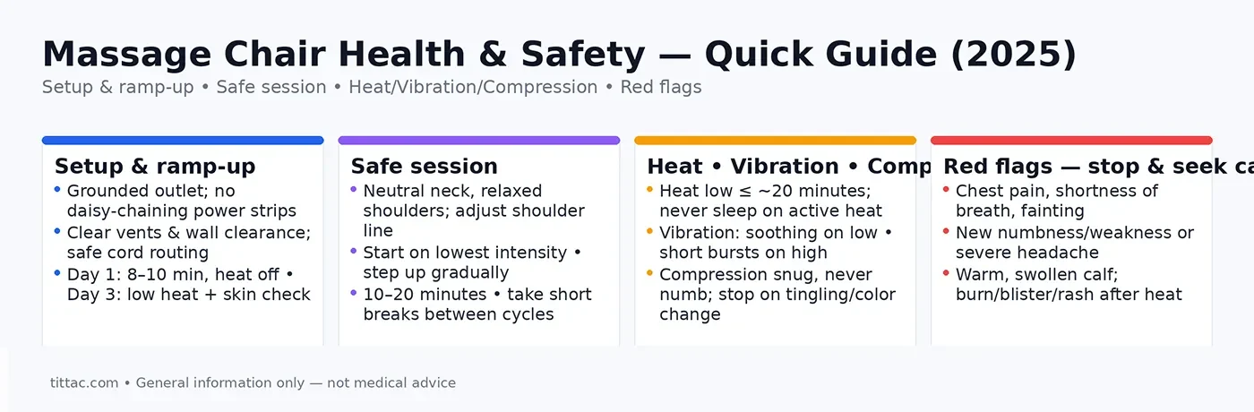 Massage Chair Health & Safety 2025: setup & ramp‑up, safe session basics, heat/vibration/compression tips, and key red‑flag symptoms.