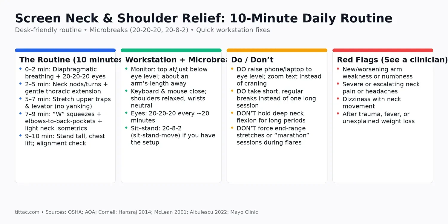 Panels: (1) 10‑minute routine: 0–2 breathing + 20‑20‑20; 2–5 neck nods/turns + thoracic extension;   5–7 stretch upper traps & levator; 7–9 “W” squeezes, elbows‑to‑back‑pockets, neck isometrics;   9–10 stand tall and alignment check. (2) Workstation + Microbreaks: monitor near eye level and an arm’s‑length;   keyboard/mouse close; 20‑20‑20; sit–stand 20‑8‑2. (3) Do/Don’t: raise devices; take short breaks; avoid prolonged deep   flexion; avoid forced end‑range and marathon sessions. (4) Red flags: new/worsening arm weakness or numbness; severe or   escalating neck pain/headaches; dizziness with neck movement; post‑trauma, fever, unexplained weight loss.