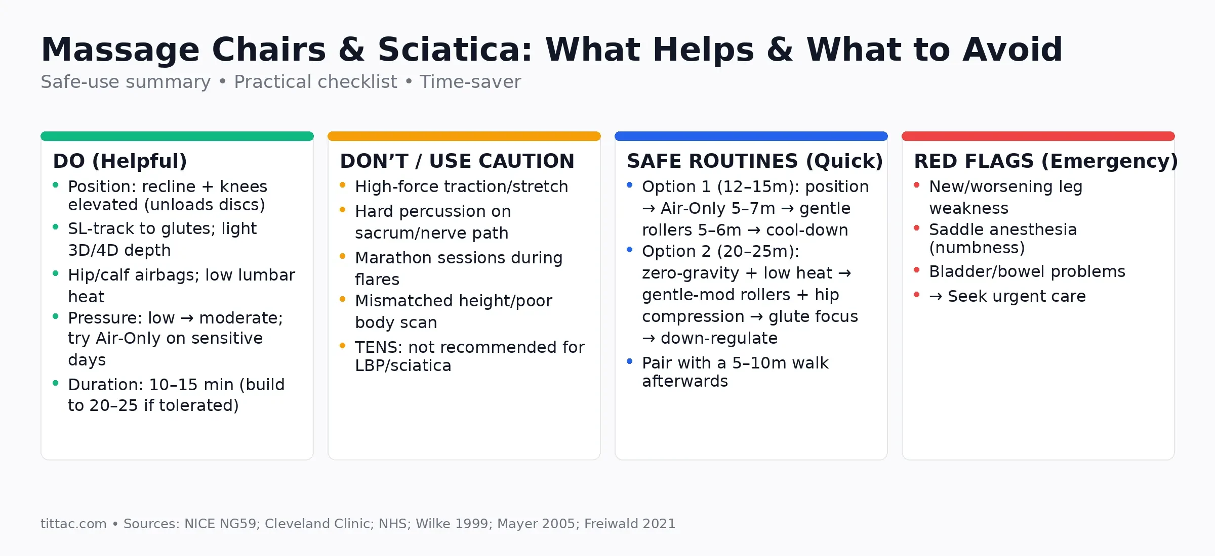Infographic: Massage chairs & sciatica—Dos (recline with knees up, SL‑track, airbags, low lumbar heat), Don’ts (traction, hard percussion, long sessions); includes 12–15/20–25‑min routines and red‑flag symptoms.