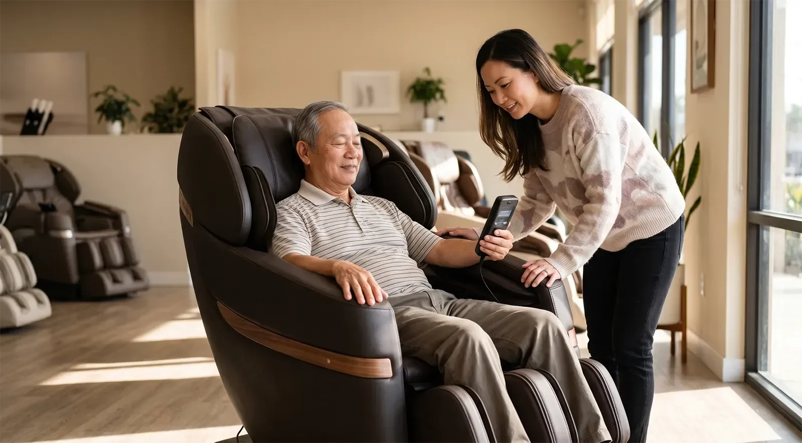 Older parent sitting comfortably in a Japanese-style massage chair with family support nearby