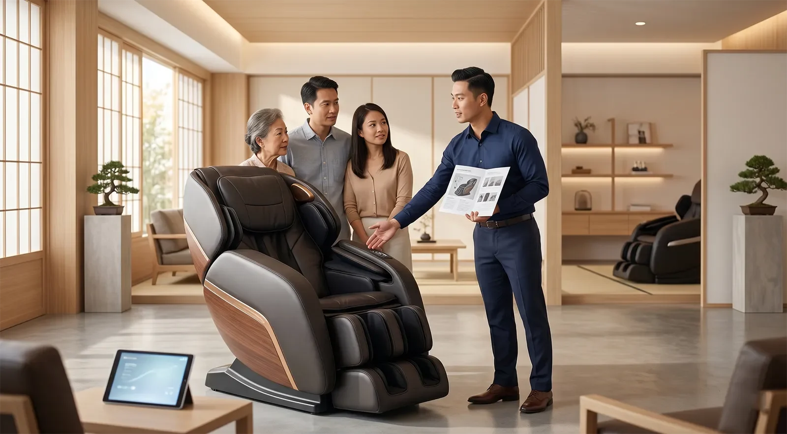 Showroom consultant explaining Japanese massage chair origin and technology clearly to a family