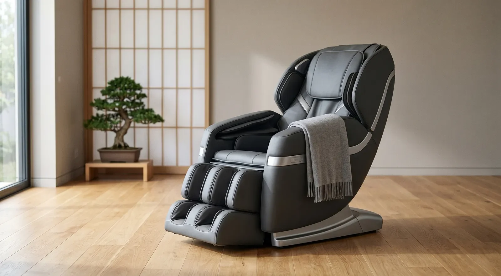 Refined Japanese-style massage chair in a calm premium showroom setting