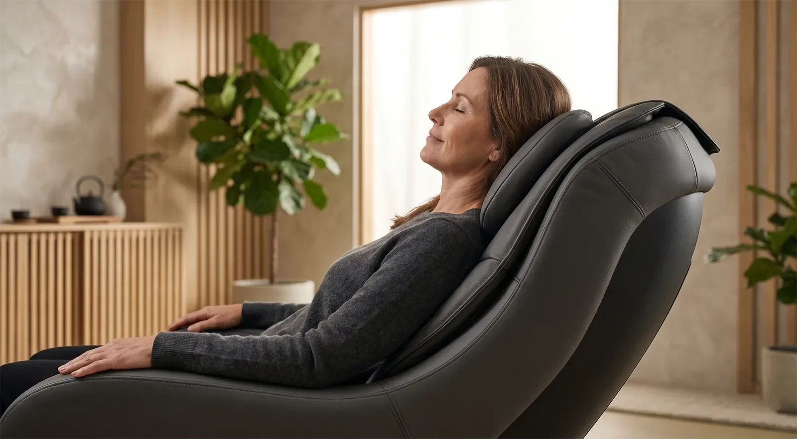Premium Japanese-style massage chair showing smooth roller movement and controlled back pressure