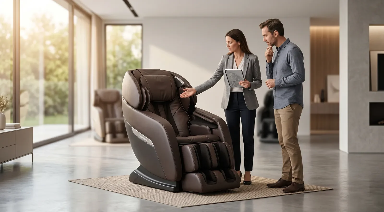 Consultant explaining Japanese technology and massage chair engineering to a buyer in a showroom