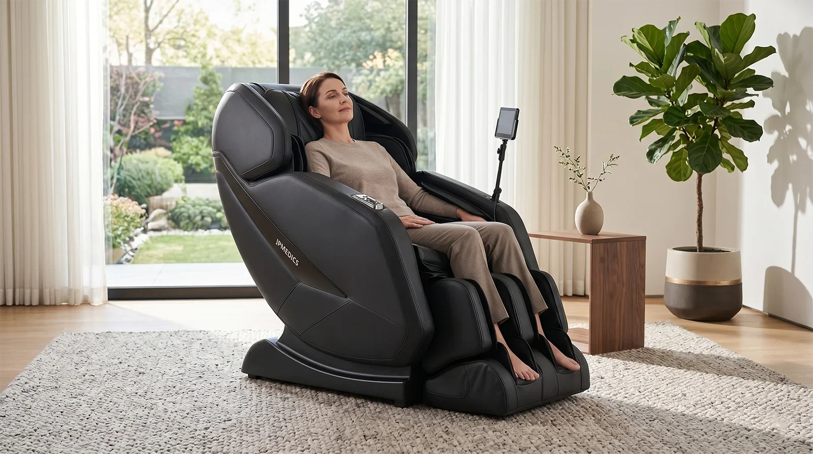 Person relaxing in the JPMedics Kawa massage chair in a modern living room