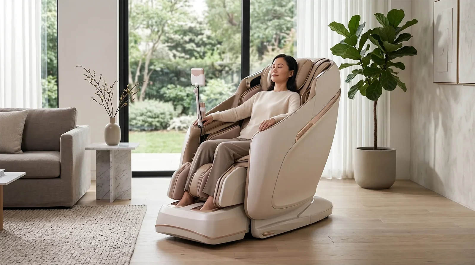 Người ngồi thư giãn trên ghế massage JPMedics Kaze Duo trong phòng khách cao cấp