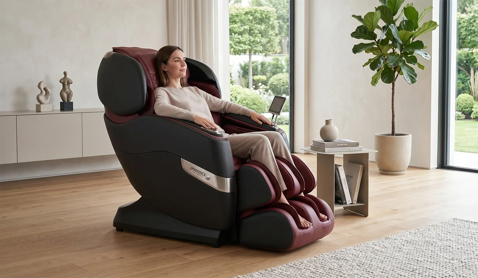Person relaxing in the JPMedics Kumo massage chair in a premium living room