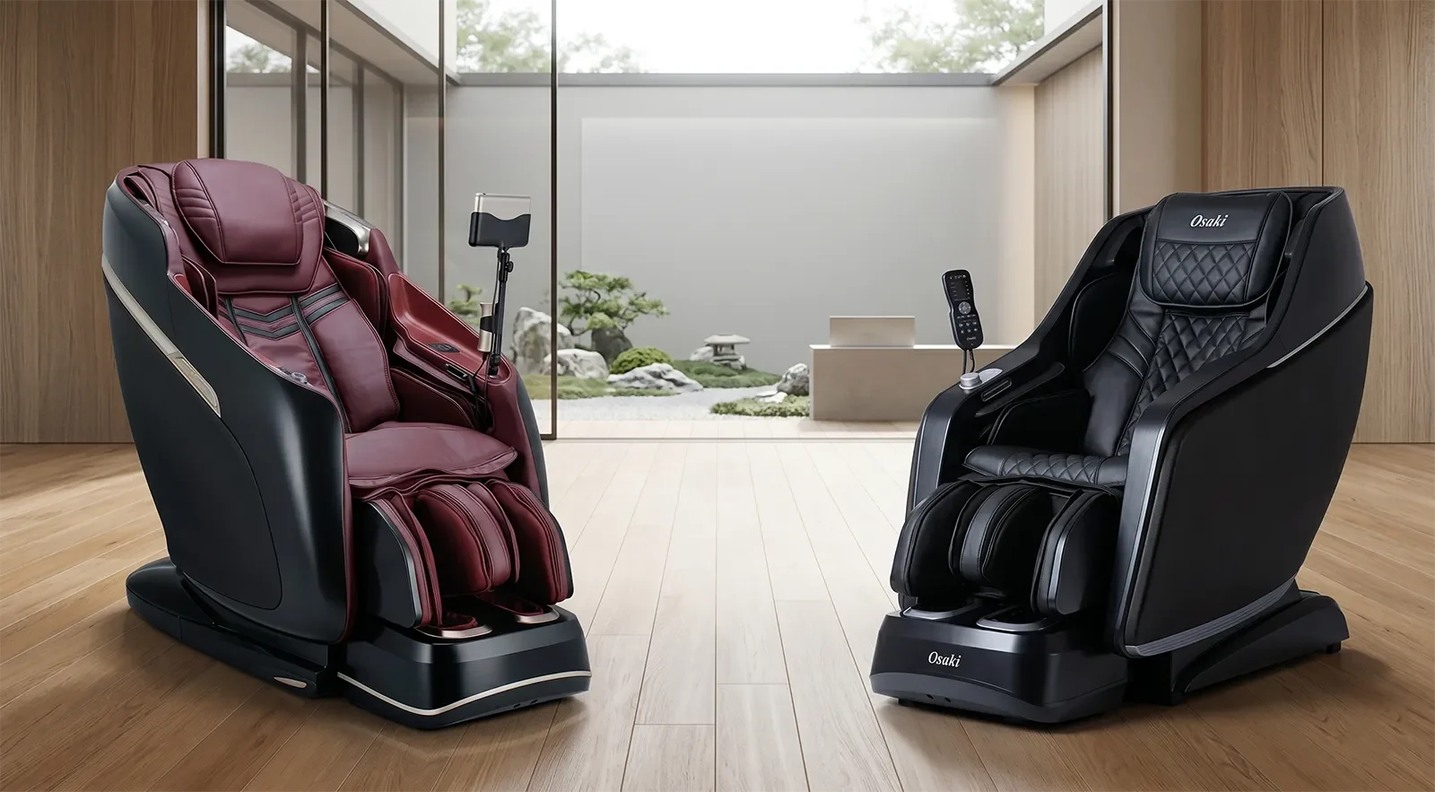 Ghế massage JPMedics Kaze Duo và Osaki JP-Nexus 4D đặt cạnh nhau để so sánh